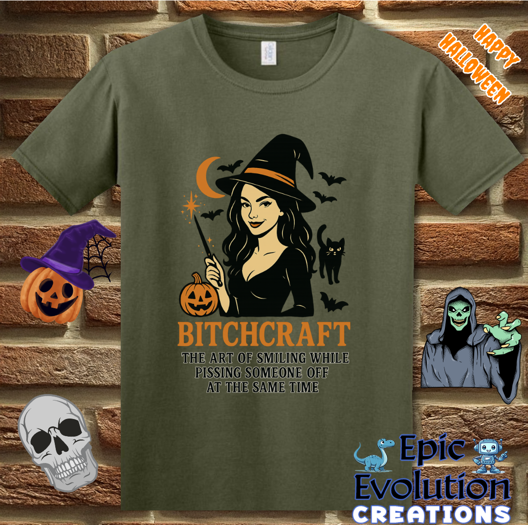 🧙Funny “Bitchcraft” Halloween Shirt for Women, Vintage Halloween Witch tshirt with pumpkin, black cat and bats, Spooky cute halloween graphic tee