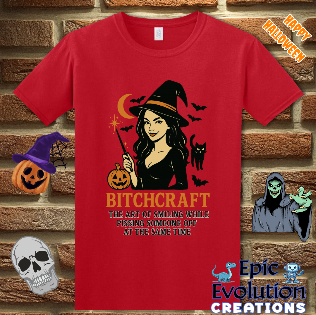 🧙Funny “Bitchcraft” Halloween Shirt for Women, Vintage Halloween Witch tshirt with pumpkin, black cat and bats, Spooky cute halloween graphic tee