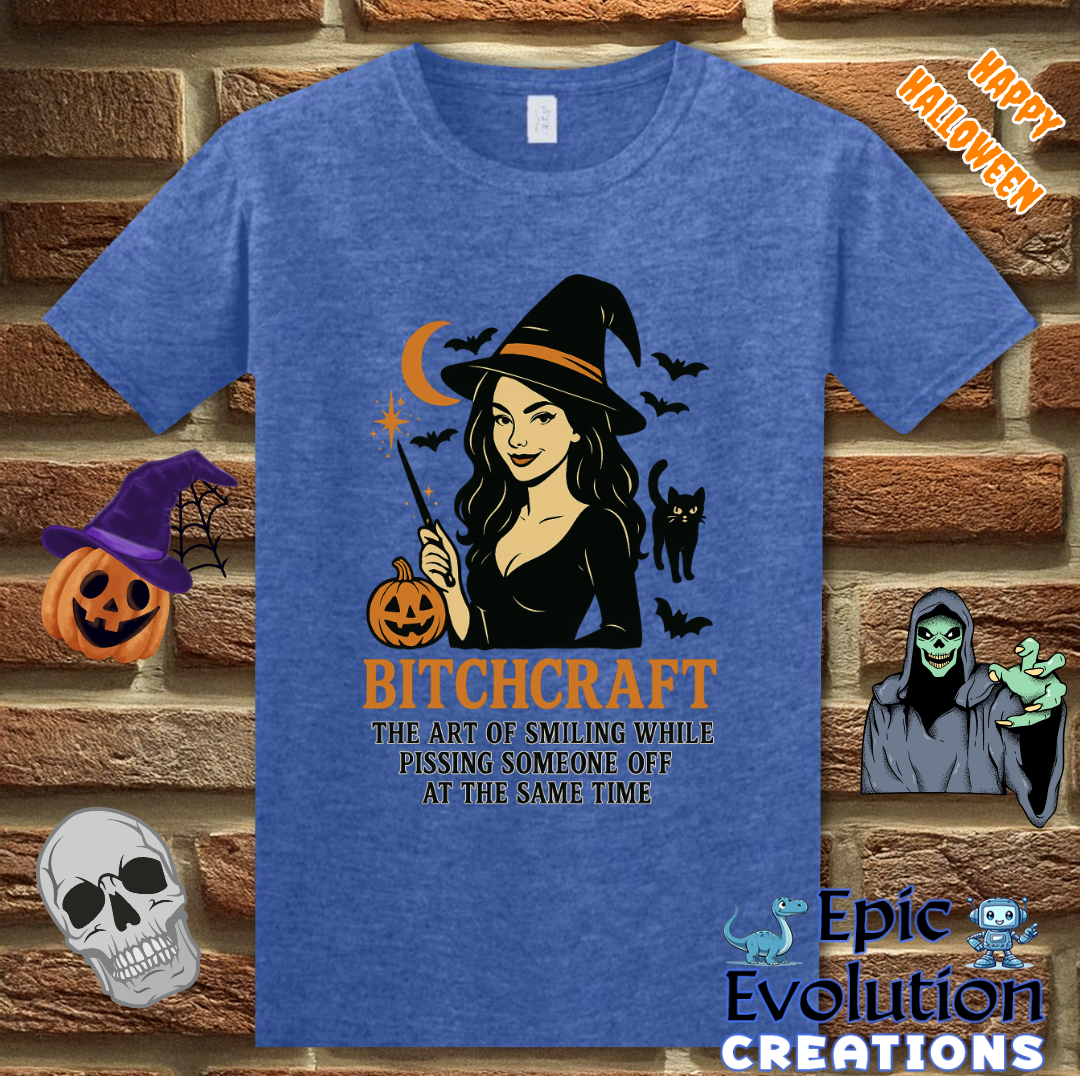 🧙Funny “Bitchcraft” Halloween Shirt for Women, Vintage Halloween Witch tshirt with pumpkin, black cat and bats, Spooky cute halloween graphic tee