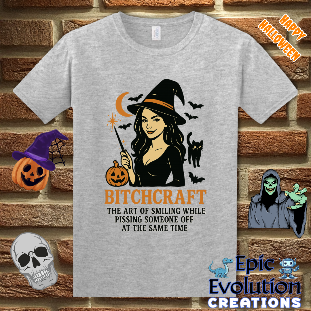 🧙Funny “Bitchcraft” Halloween Shirt for Women, Vintage Halloween Witch tshirt with pumpkin, black cat and bats, Spooky cute halloween graphic tee