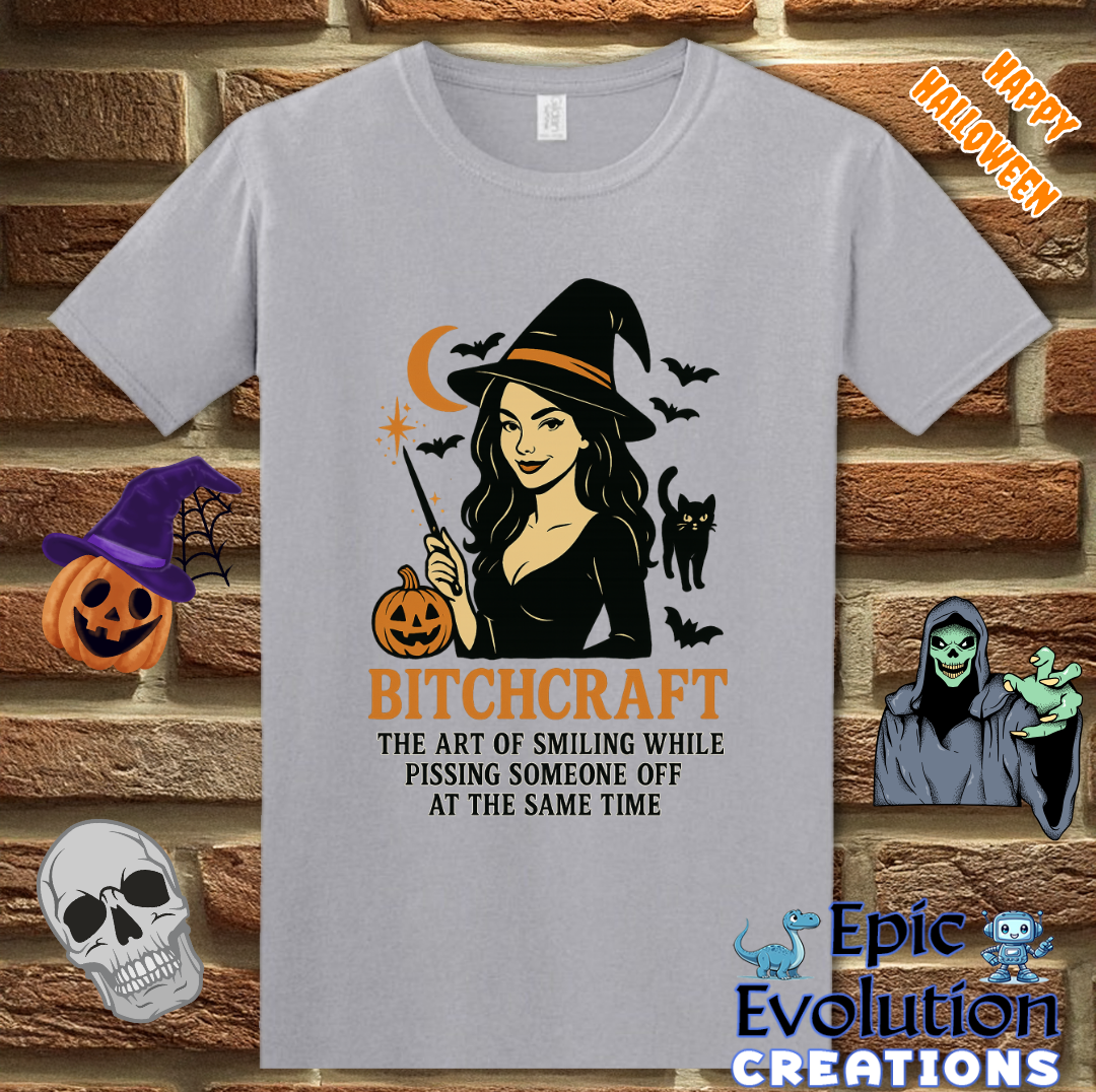 🧙Funny “Bitchcraft” Halloween Shirt for Women, Vintage Halloween Witch tshirt with pumpkin, black cat and bats, Spooky cute halloween graphic tee