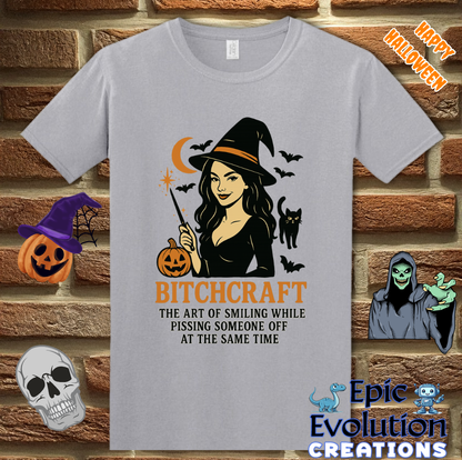 🧙Funny “Bitchcraft” Halloween Shirt for Women, Vintage Halloween Witch tshirt with pumpkin, black cat and bats, Spooky cute halloween graphic tee