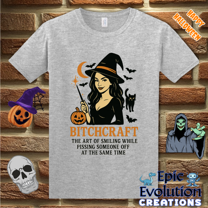 🧙Funny “Bitchcraft” Halloween Shirt for Women, Vintage Halloween Witch tshirt with pumpkin, black cat and bats, Spooky cute halloween graphic tee
