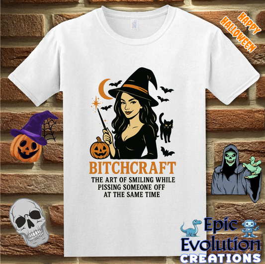 🧙Funny “Bitchcraft” Halloween Shirt for Women, Vintage Halloween Witch tshirt with pumpkin, black cat and bats, Spooky cute halloween graphic tee