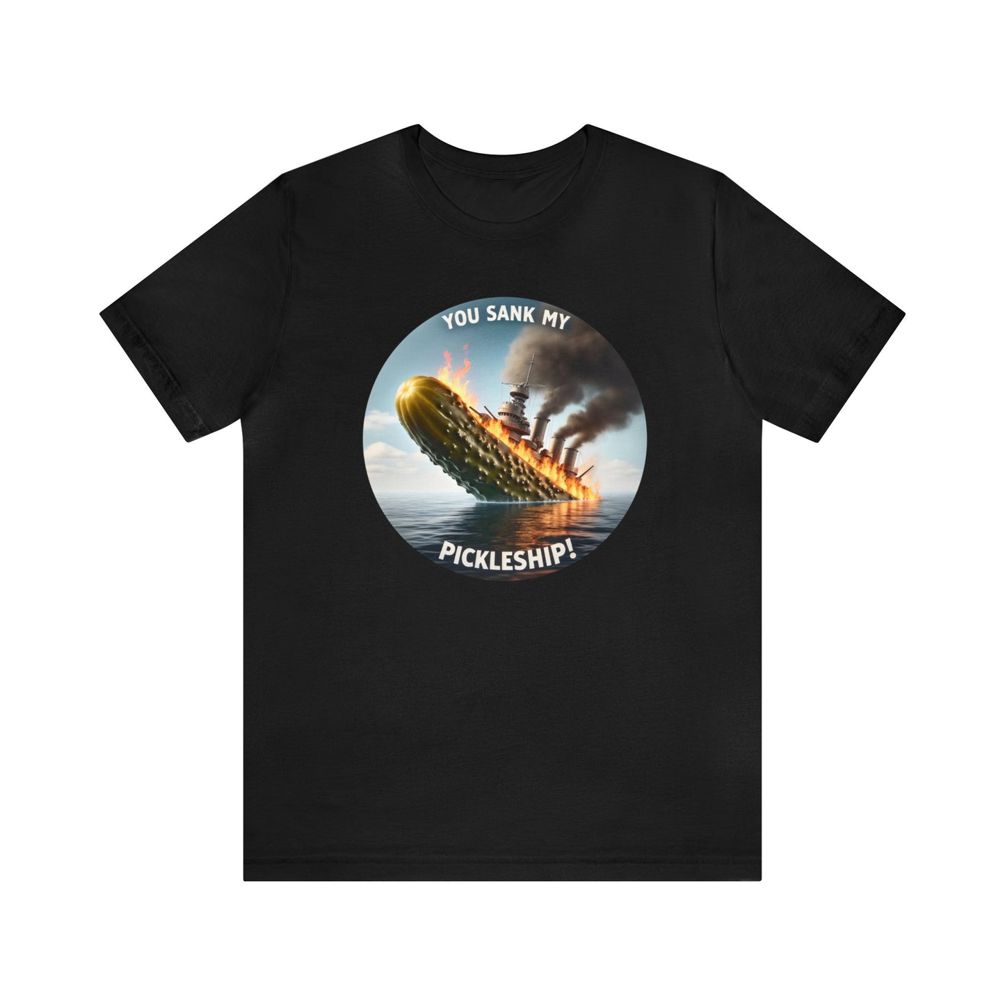 Fiery Pickle Battleship Sinking T-Shirt - Sinking Pickleship T-Shirt, Battleship made out of a Pickle T-Shirt, Sinking Pickle Battleship