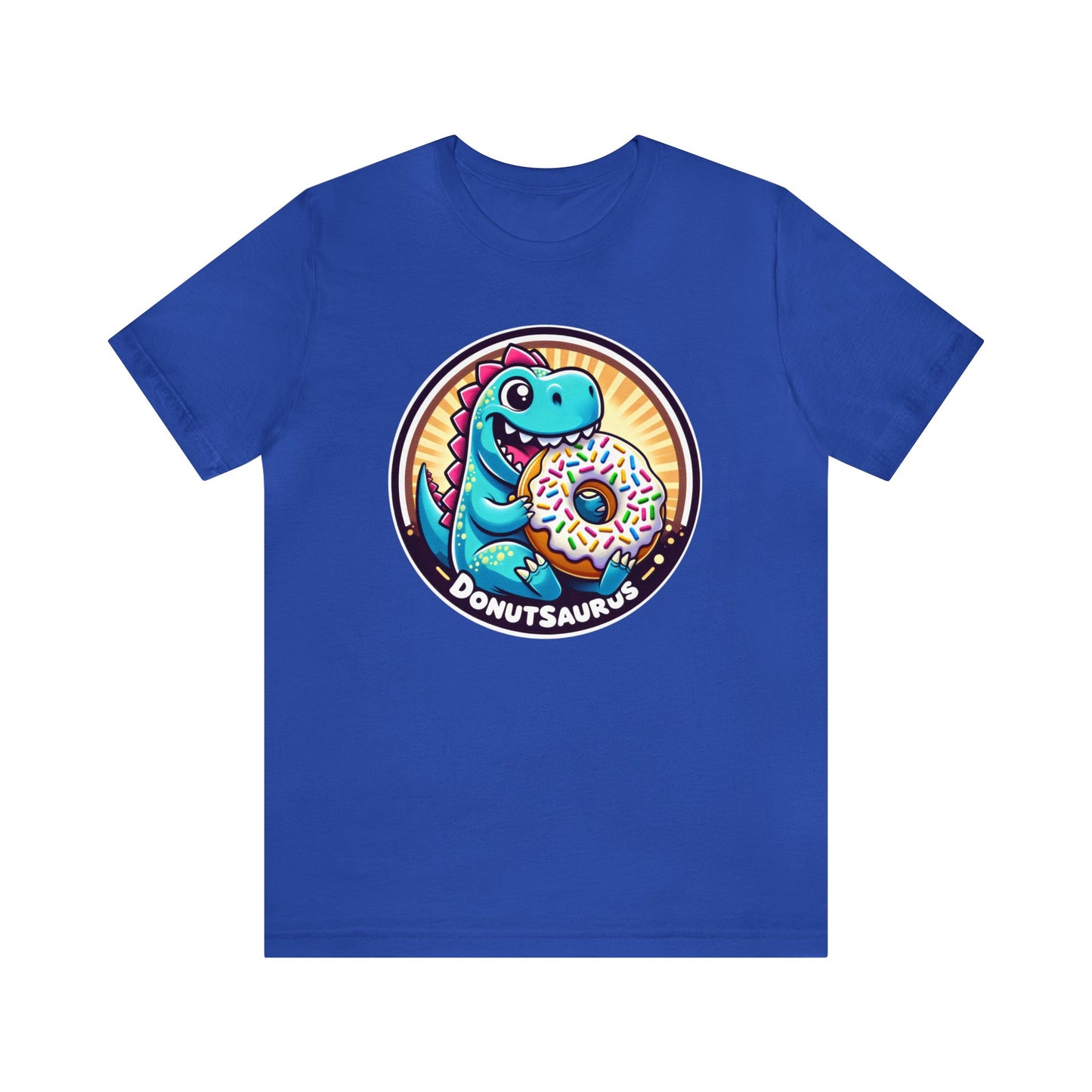 Happy Dinosaur eating a Sprinkled Donut T-Shirt - Dinosaur and Donut T-Shirt, Dinosaur and Sprinkled Donut T-Shirt, Dinosaurs and Donuts Tee