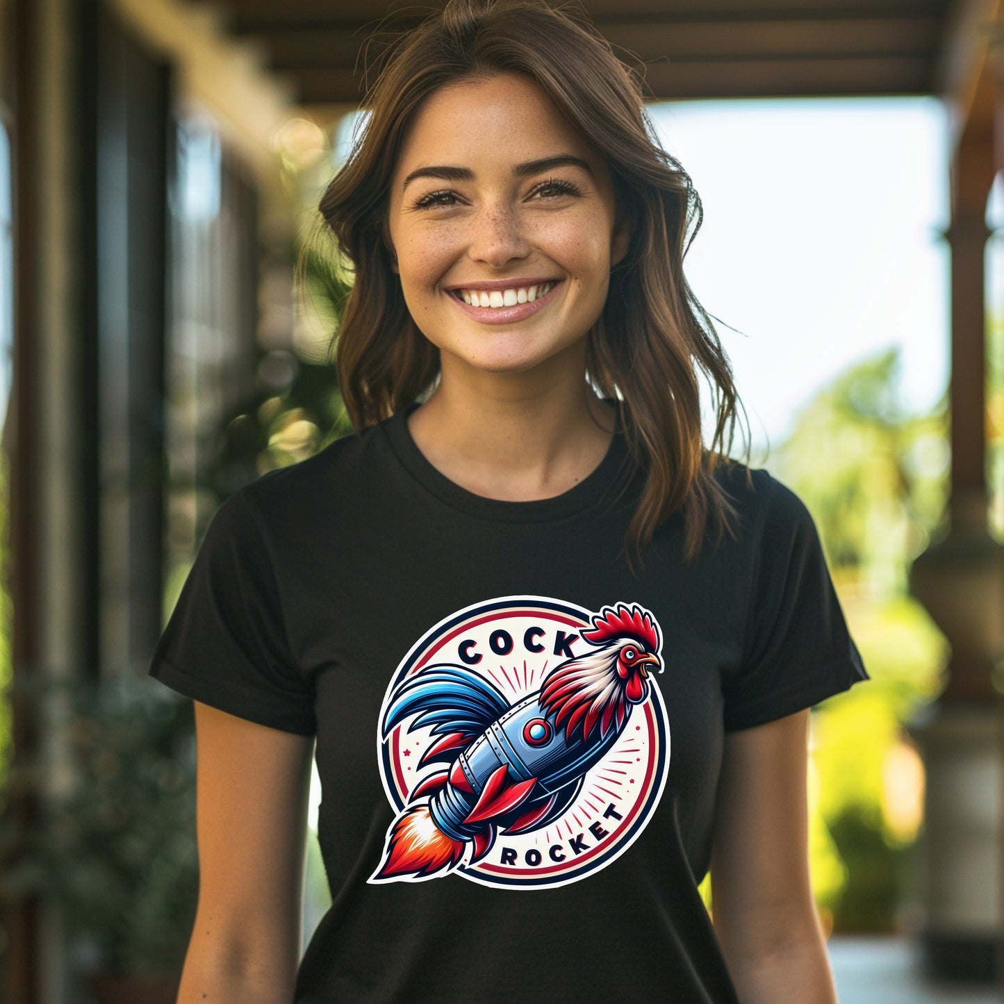 Patriotic Rooster Rocket T-Shirt in Red, White, and Blue - Independence Day Rooster T-Shirt, Red, White and Blue Space Rooster T-Shirt Gift