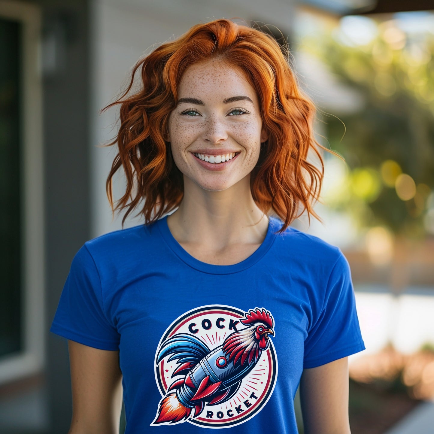 Patriotic Rooster Rocket T-Shirt in Red, White, and Blue - Independence Day Rooster T-Shirt, Red, White and Blue Space Rooster T-Shirt Gift