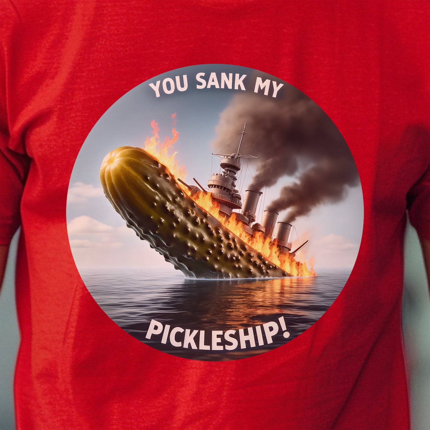 Fiery Pickle Battleship Sinking T-Shirt - Sinking Pickleship T-Shirt, Battleship made out of a Pickle T-Shirt, Sinking Pickle Battleship