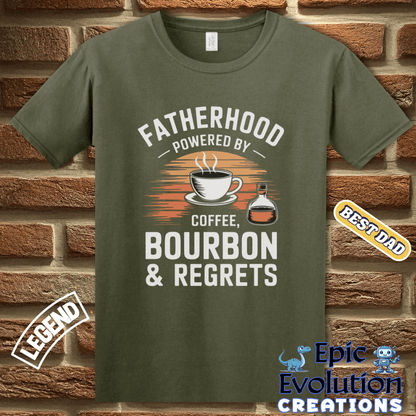 T-Shirt Funny Fatherhood Shirt Bourbon Lover Gift, Coffee and Bourbon Fatherhood Gift, Bourbon Dad Tee Father's Day Gift, Dad Coffee Shirt for Caffeine Lover Epic Evolution Creations