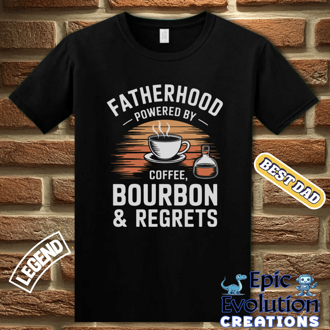 T-Shirt Funny Fatherhood Shirt Bourbon Lover Gift, Coffee and Bourbon Fatherhood Gift, Bourbon Dad Tee Father's Day Gift, Dad Coffee Shirt for Caffeine Lover Epic Evolution Creations