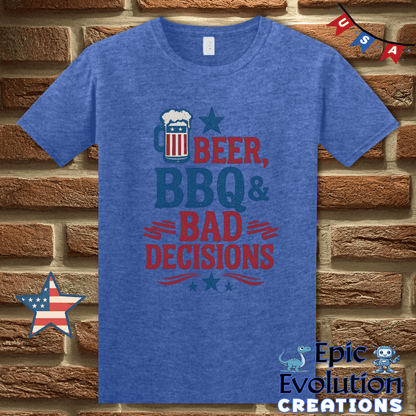 T-Shirt S / Heather Royal Beer BBQ & Bad Decisions Funny 4th of July Shirt for Men or Women Epic Evolution Creations