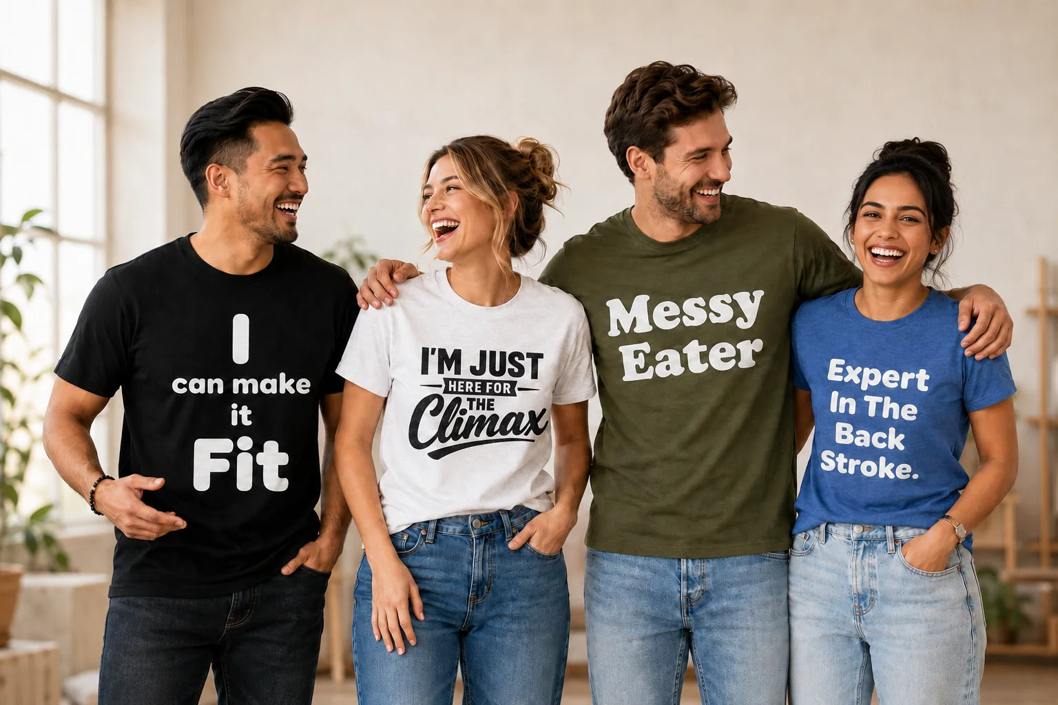 Four adults wearing humorous Epic Evolution Creations shirts